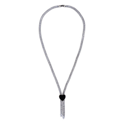 Stunning Rhodium Plated Cubic Zirconia Studded Silver Necklace With a Black Heart for Women & Girls