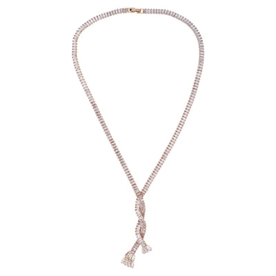 Stunning Rhodium Plated Cubic Zirconia Studded Rose Gold Long Chain Necklace