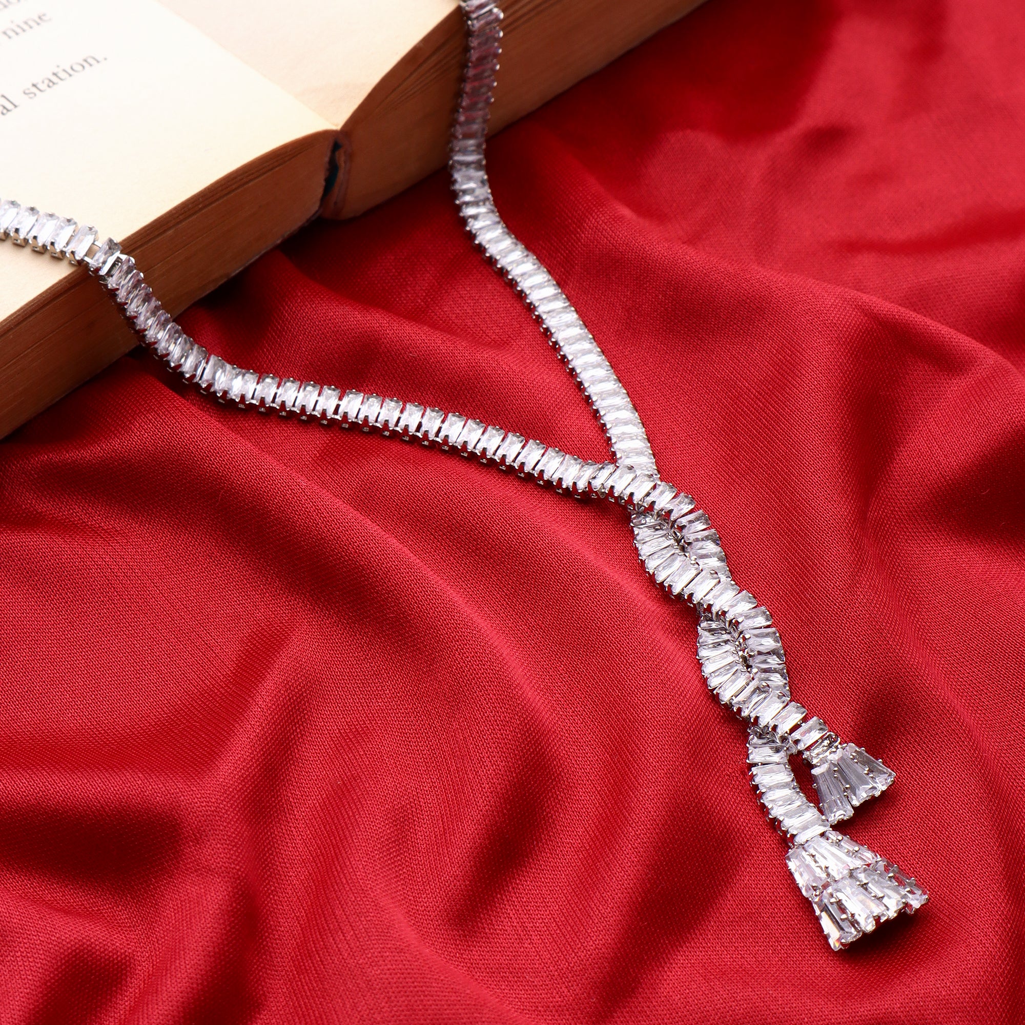 Stunning Rhodium Plated Cubic Zirconia Studded Silver Long Chain Necklace for Women & Girls