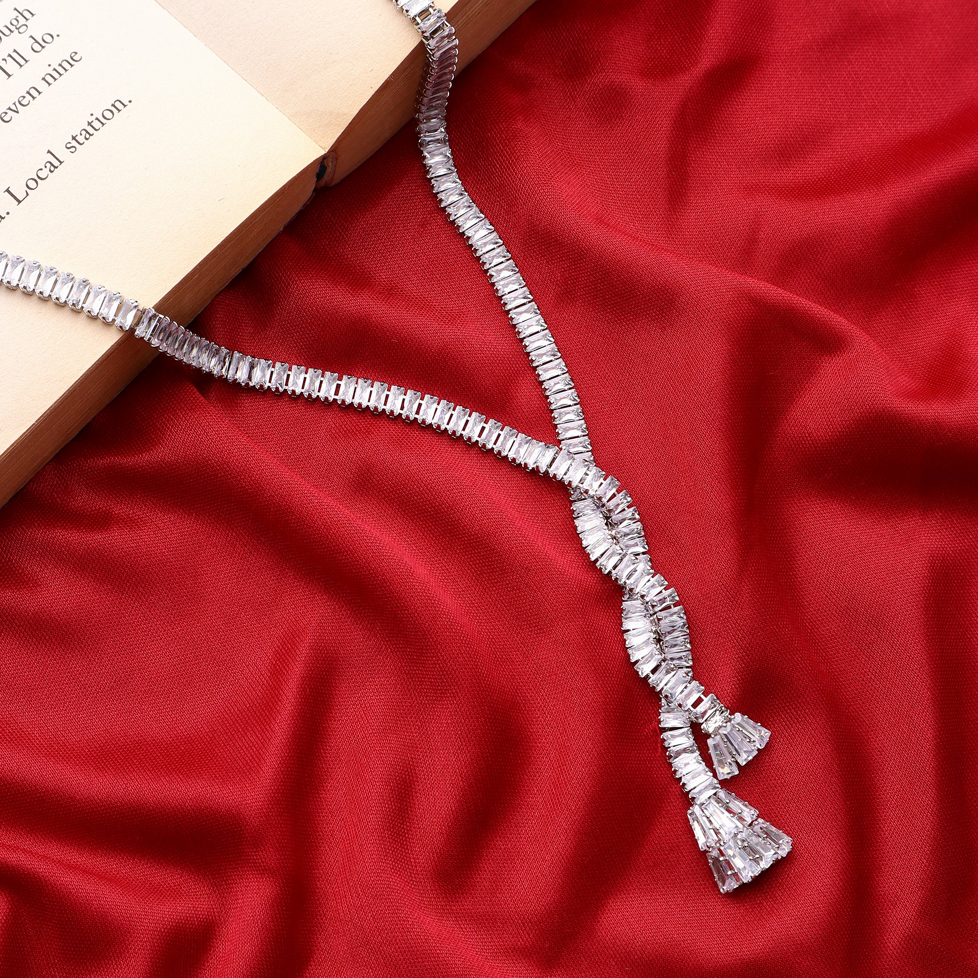Stunning Rhodium Plated Cubic Zirconia Studded Silver Long Chain Necklace for Women & Girls