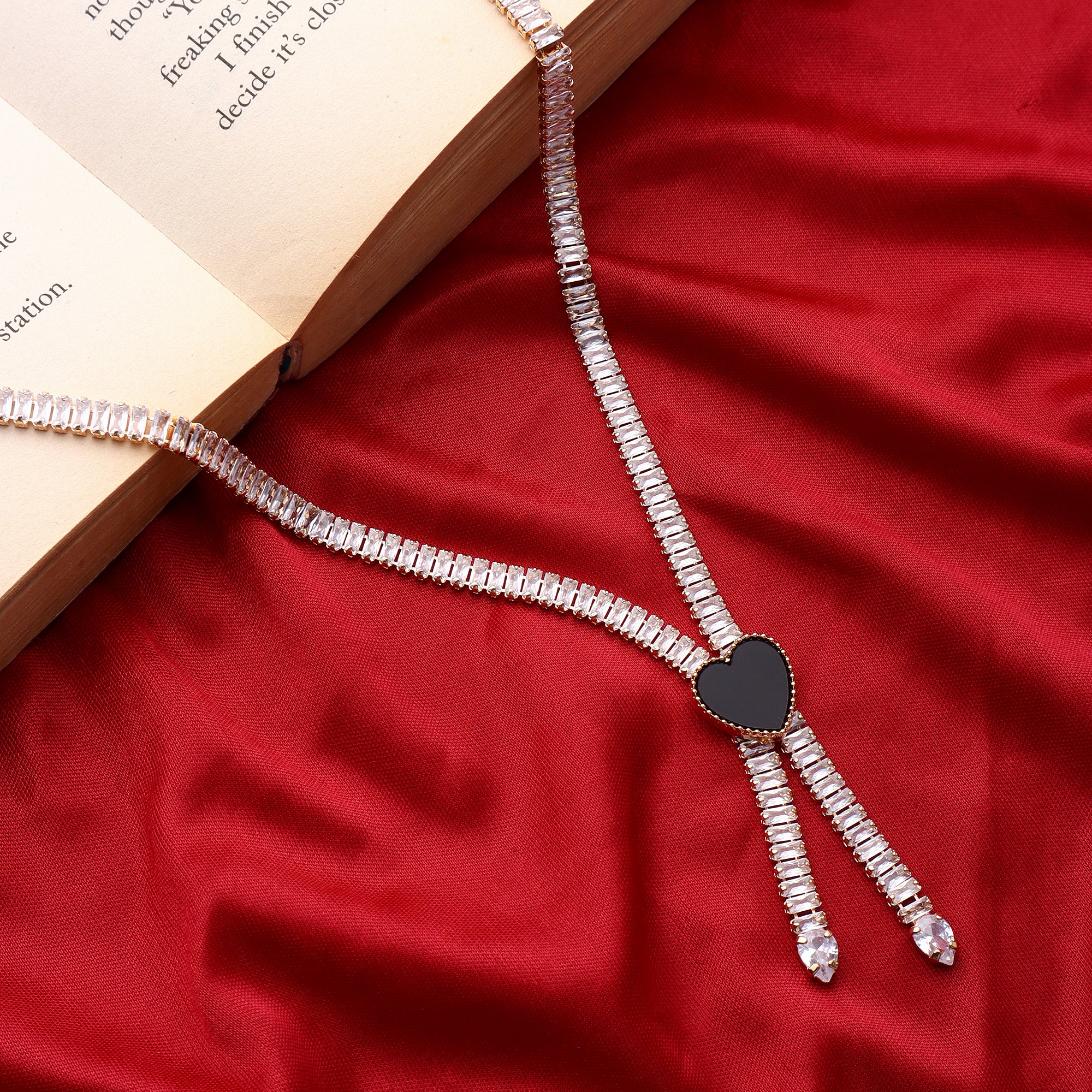 Stunning Rhodium Plated Cubic Zirconia Studded Rose Gold Necklace With a Black Heart for Women & Girls