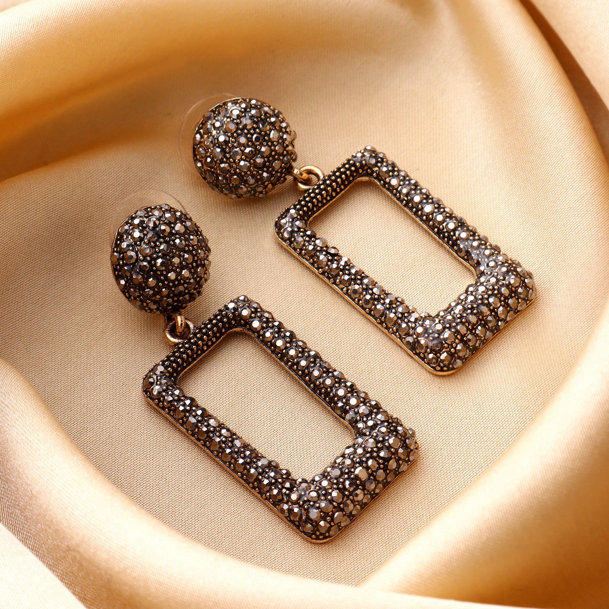 Her Jewels Gold Plated Antique Rectangle Dangler Earrings for Women & Girls – Elegant Hypoallergenic Alloy Jewelry