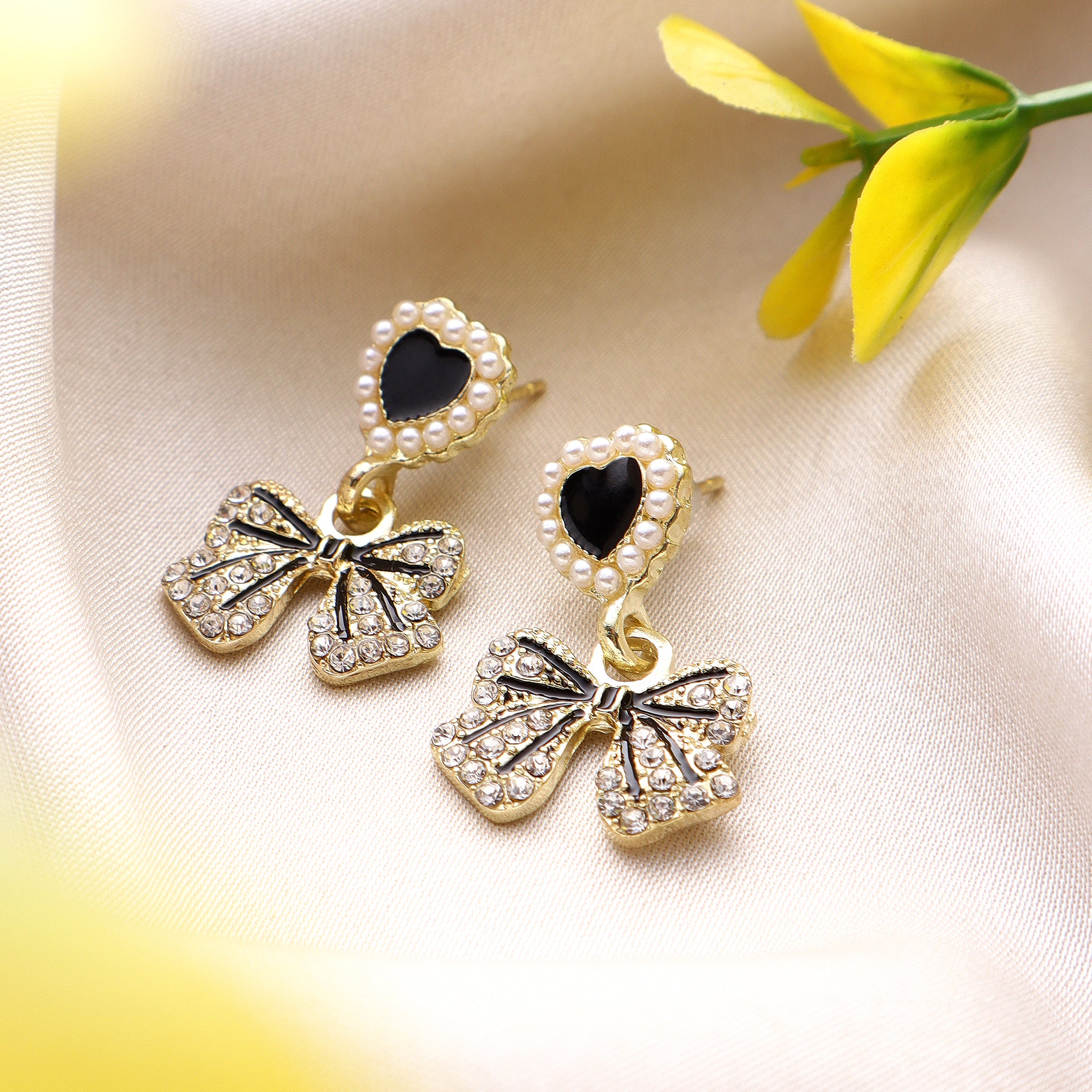 Her Jewels Black Heart Bow Tie Drop Korean Earrings for Women & Girls