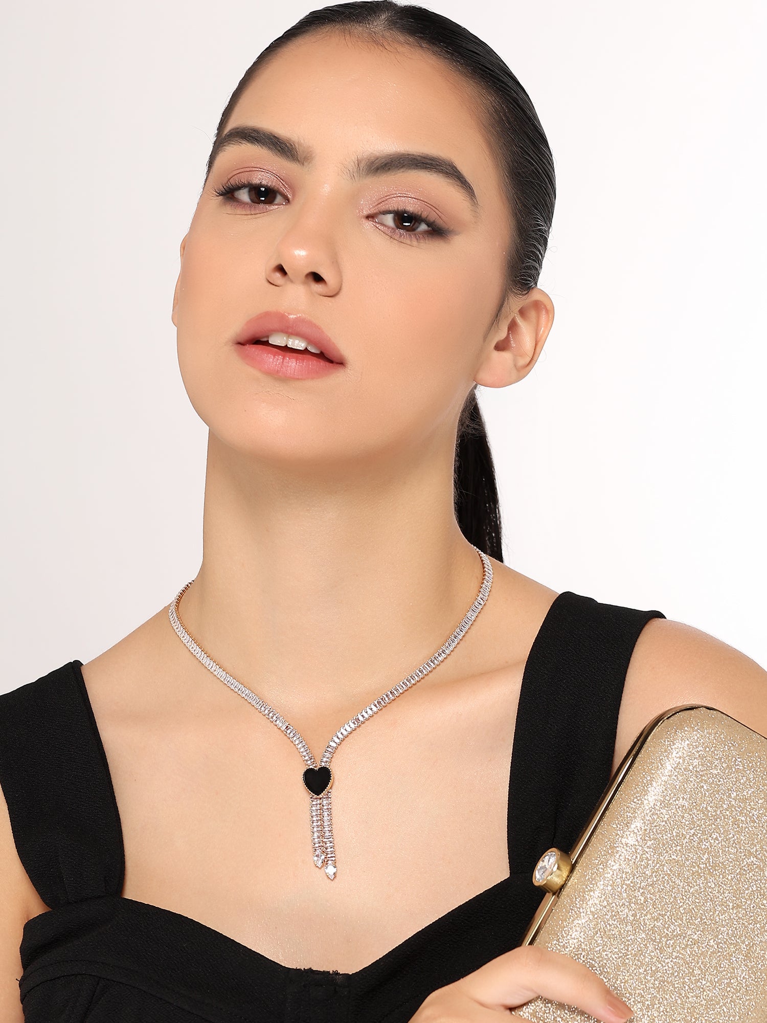 Stunning Rhodium Plated Cubic Zirconia Studded Rose Gold Necklace With a Black Heart for Women & Girls