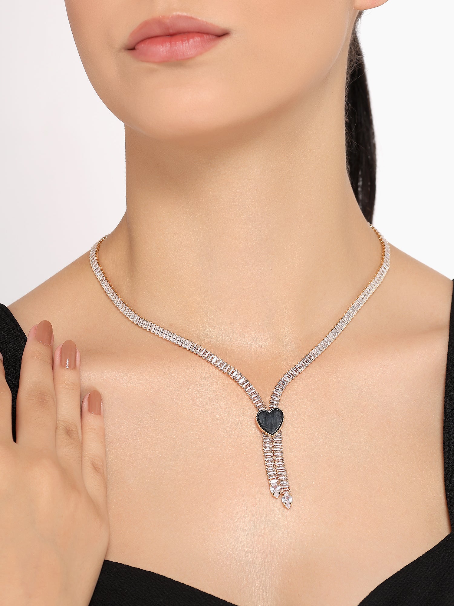 Stunning Rhodium Plated Cubic Zirconia Studded Rose Gold Necklace With a Black Heart for Women & Girls