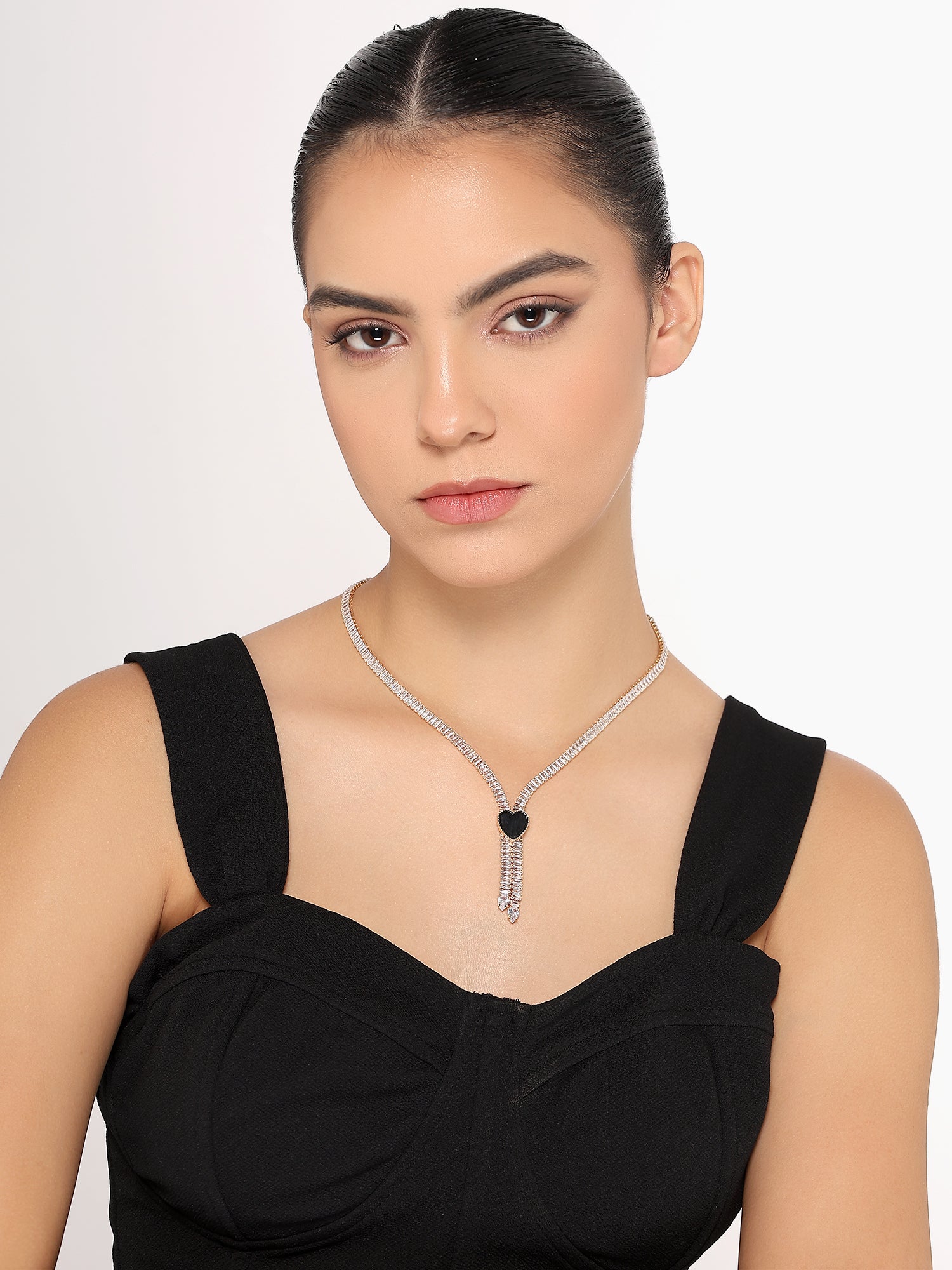 Stunning Rhodium Plated Cubic Zirconia Studded Rose Gold Necklace With a Black Heart for Women & Girls