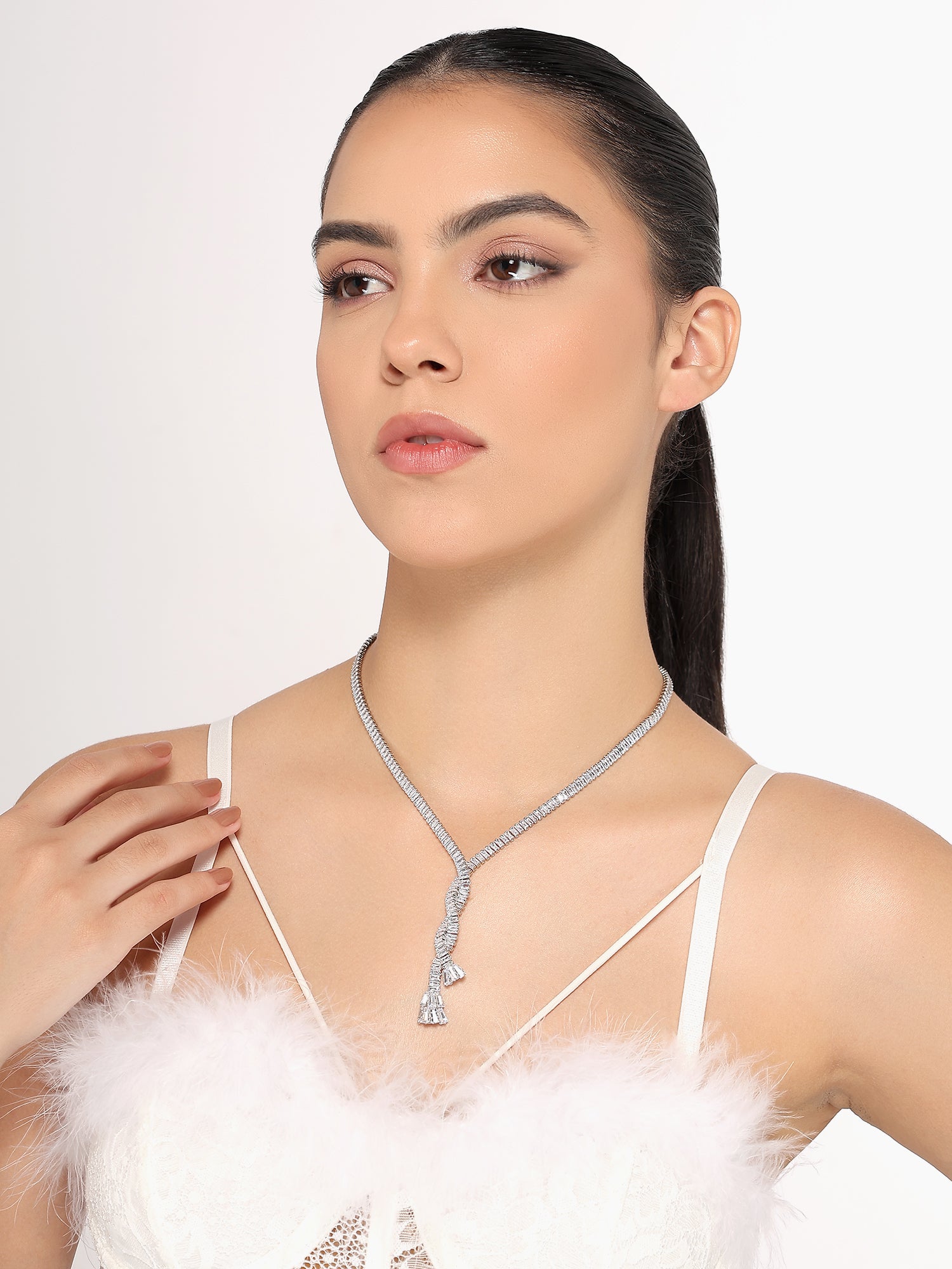 Stunning Rhodium Plated Cubic Zirconia Studded Silver Long Chain Necklace for Women & Girls