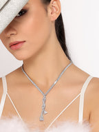 Stunning Rhodium Plated Cubic Zirconia Studded Silver Long Chain Necklace for Women & Girls