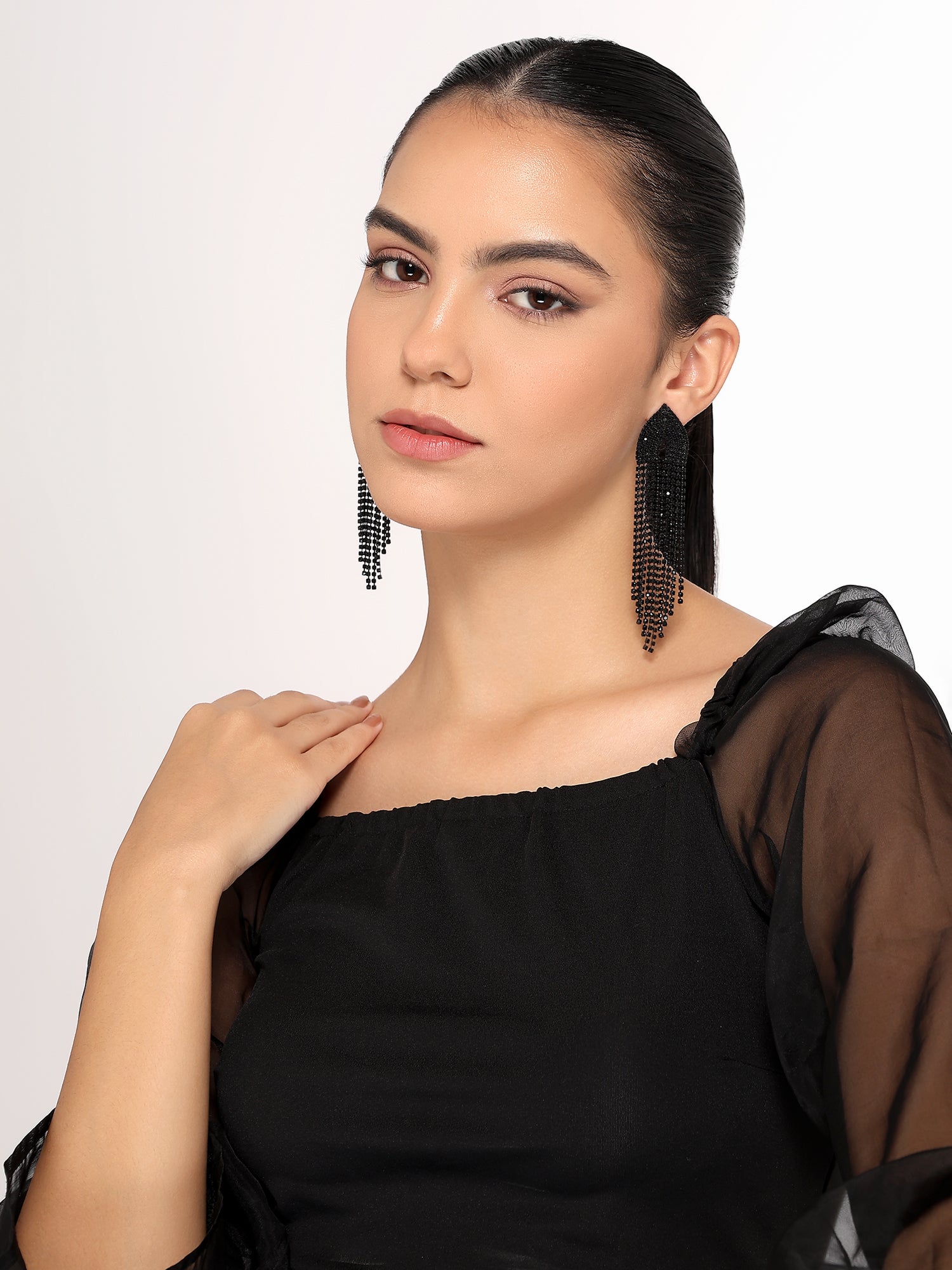 Her Jewels Black Rhinestone Tassel Drop Dangler Earrings for Women & Girls – Chandelier Style