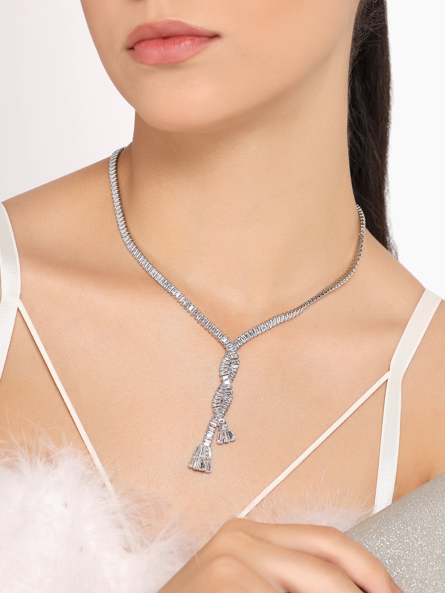 Stunning Rhodium Plated Cubic Zirconia Studded Silver Long Chain Necklace for Women & Girls