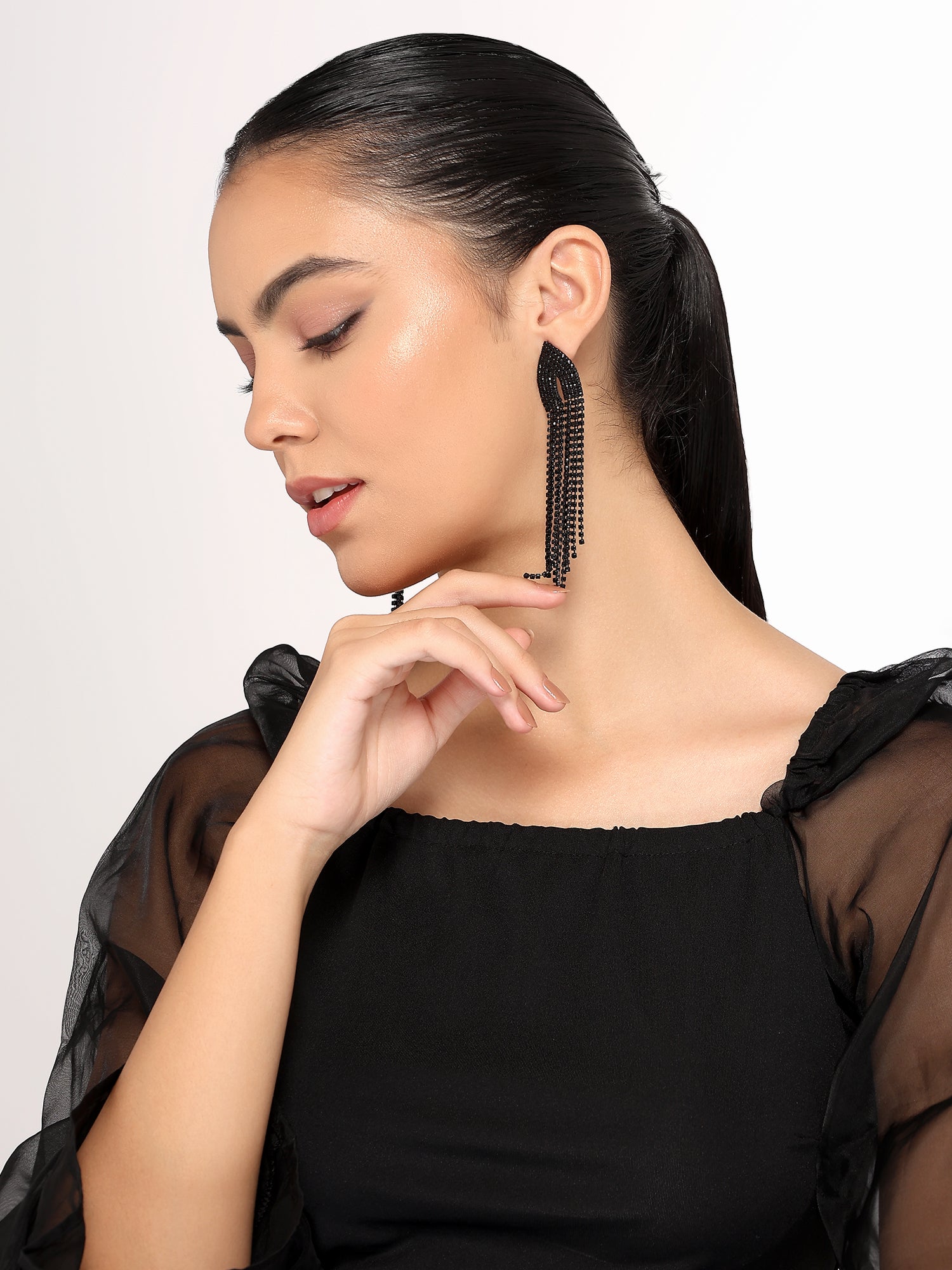 Her Jewels Black Rhinestone Tassel Drop Dangler Earrings for Women & Girls – Chandelier Style