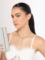 Stunning Rhodium Plated Cubic Zirconia Studded Silver Long Chain Necklace for Women & Girls