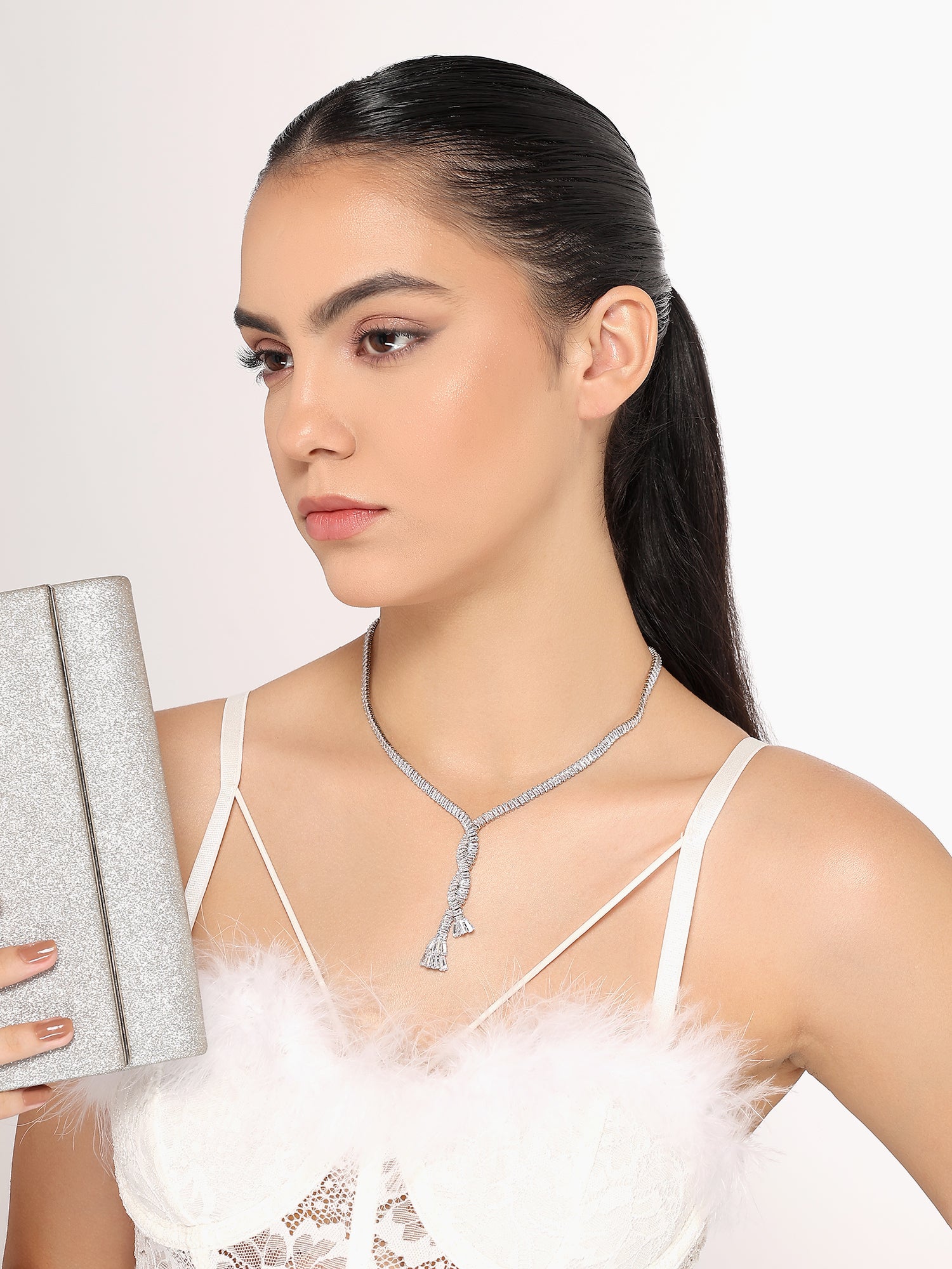 Stunning Rhodium Plated Cubic Zirconia Studded Silver Long Chain Necklace for Women & Girls