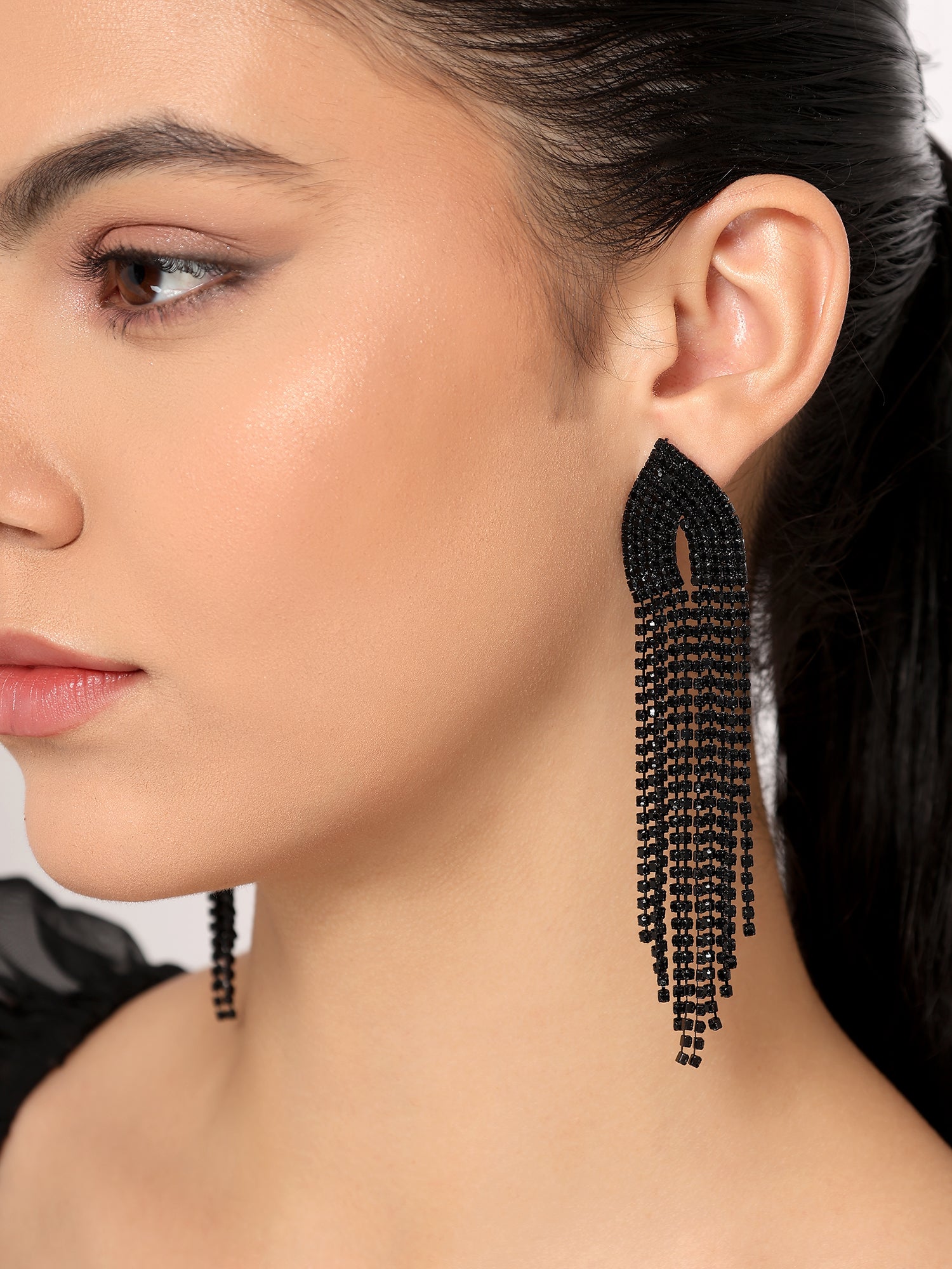 Her Jewels Black Rhinestone Tassel Drop Dangler Earrings for Women & Girls – Chandelier Style