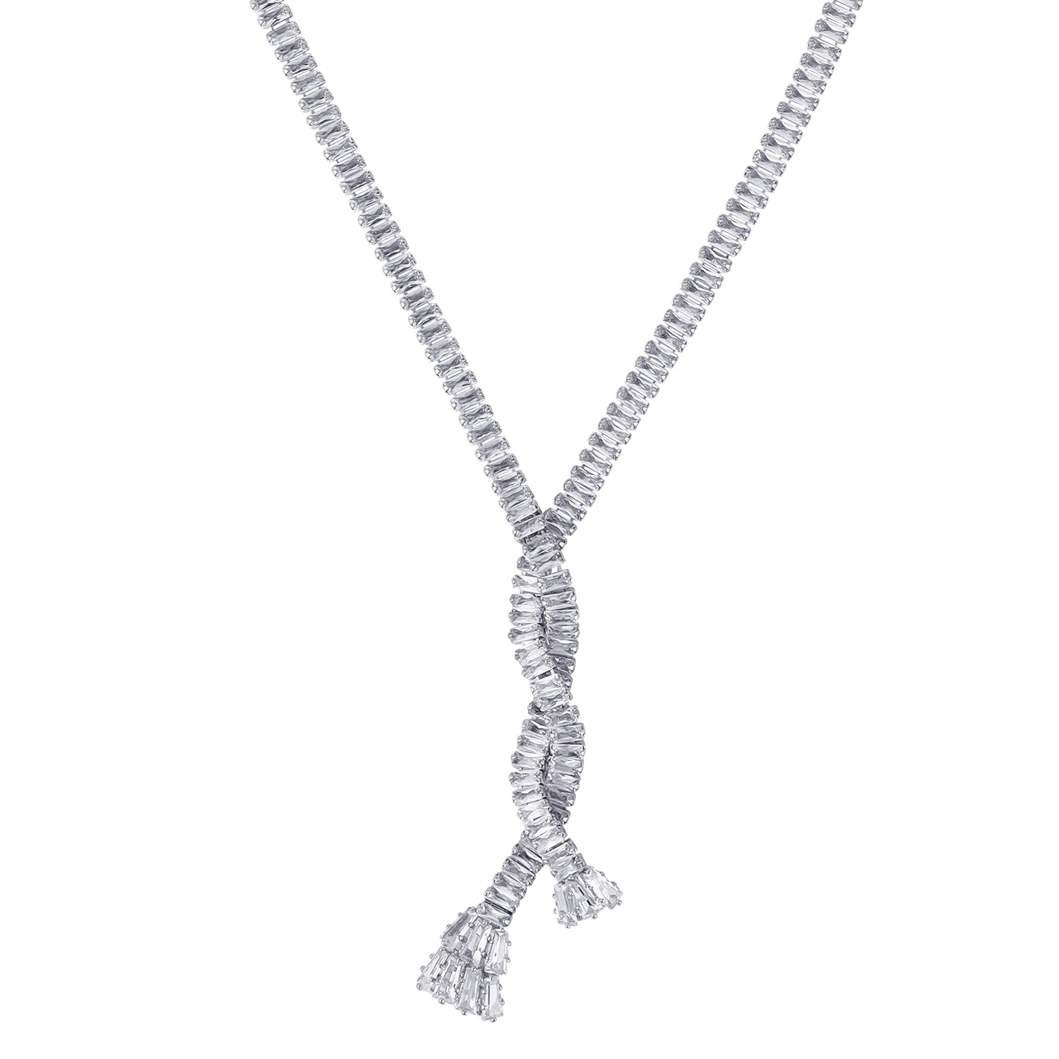 Stunning Rhodium Plated Cubic Zirconia Studded Silver Long Chain Necklace for Women & Girls