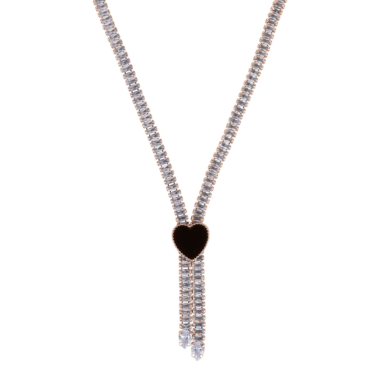Stunning Rhodium Plated Cubic Zirconia Studded Rose Gold Necklace With a Black Heart for Women & Girls